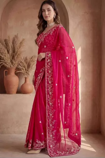 Pink ethnic motifs zari silk blend designer saree