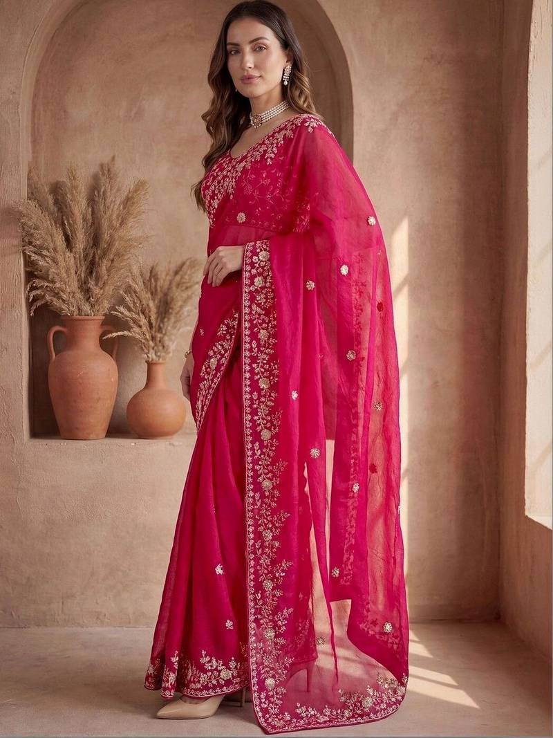 Pink ethnic motifs zari silk blend designer saree