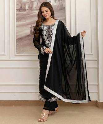  Faux Georgette Embroidery Work A-line Kurta Pant and Dupatta Set 1