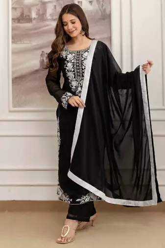 Faux Georgette Embroidery Work A-line Kurta Pant and Dupatta Set