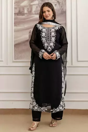 Faux Georgette Embroidery Work A-line Kurta Pant and Dupatta Set