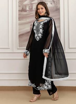  Faux Georgette Embroidery Work A-line Kurta Pant and Dupatta Set 3