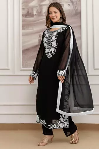  Faux Georgette Embroidery Work A-line Kurta Pant and Dupatta Set