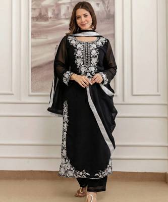  Faux Georgette Embroidery Work A-line Kurta Pant and Dupatta Set 5