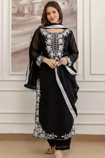  Faux Georgette Embroidery Work A-line Kurta Pant and Dupatta Set
