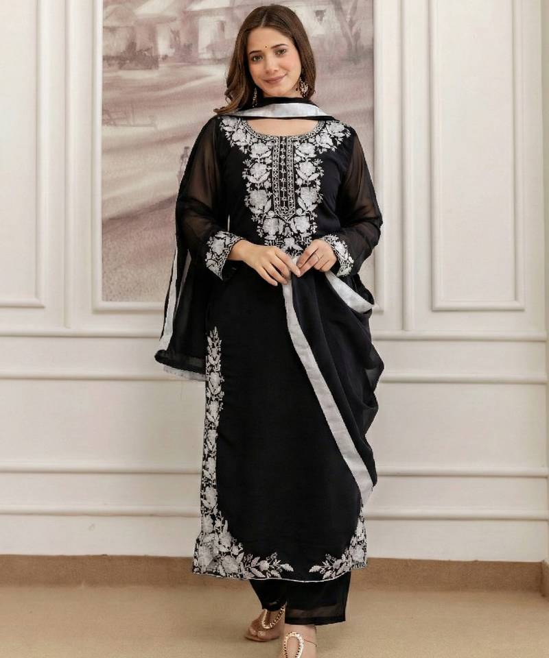  Faux Georgette Embroidery Work A-line Kurta Pant and Dupatta Set