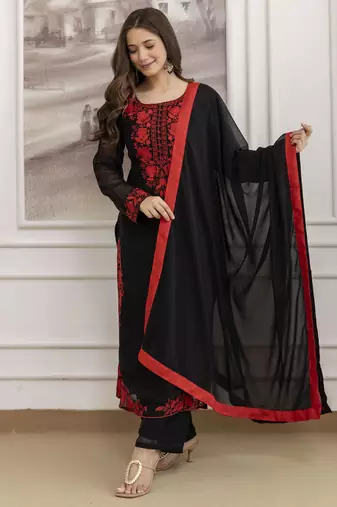  Faux Georgette Embroidery Work A-line Kurta Pant and Dupatta Set