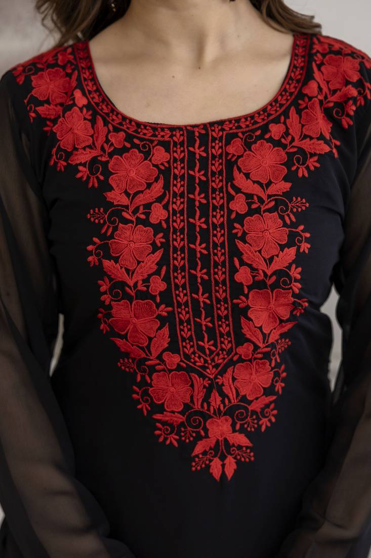  Faux Georgette Embroidery Work A-line Kurta Pant and Dupatta Set