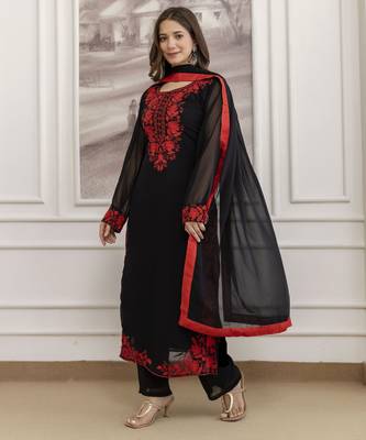  Faux Georgette Embroidery Work A-line Kurta Pant and Dupatta Set 3