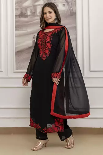  Faux Georgette Embroidery Work A-line Kurta Pant and Dupatta Set