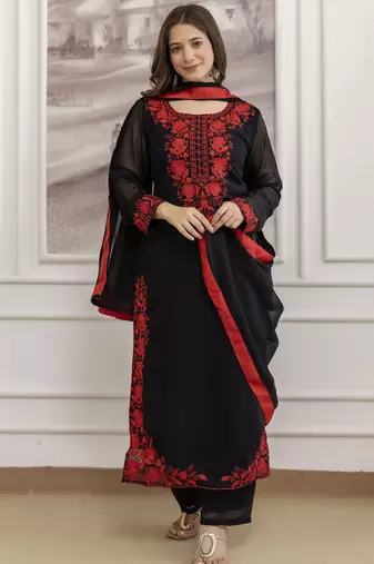  Faux Georgette Embroidery Work A-line Kurta Pant and Dupatta Set