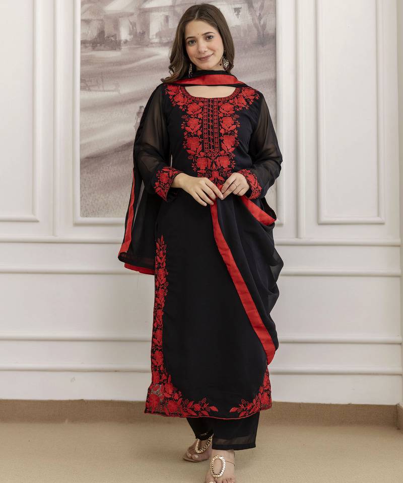  Faux Georgette Embroidery Work A-line Kurta Pant and Dupatta Set