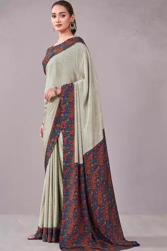 Blue paisley printed crepe saree with blouse piece