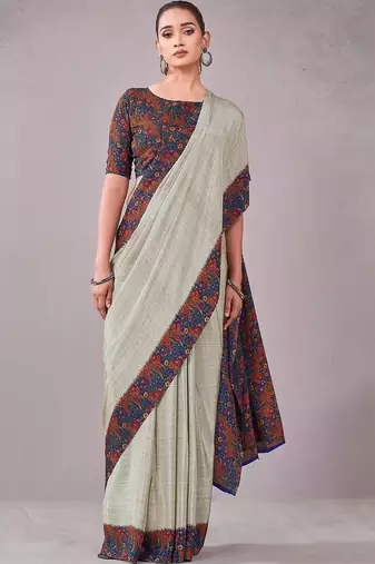 Blue paisley printed crepe saree with blouse piece