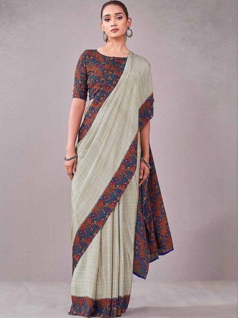Blue paisley printed crepe saree with blouse piece