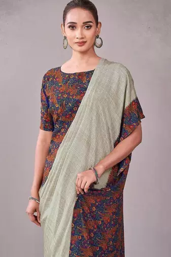 Blue paisley printed crepe saree with blouse piece