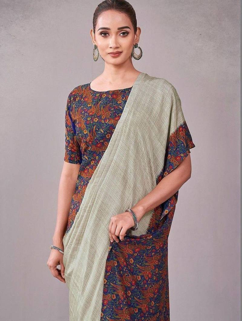 Blue paisley printed crepe saree with blouse piece
