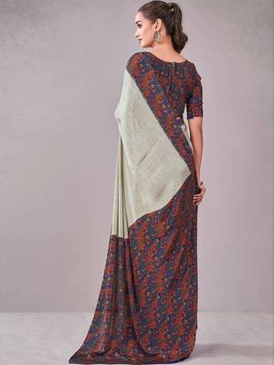 Blue paisley printed crepe saree with blouse piece 5