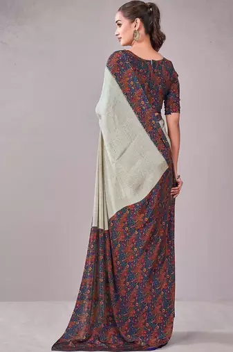 Blue paisley printed crepe saree with blouse piece