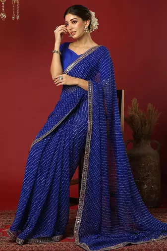 Blue bandhani sequinned georgette saree