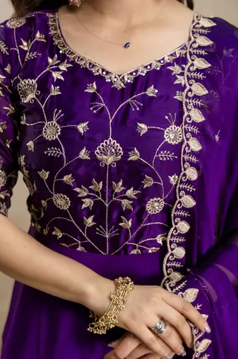  Chinon Embroidery Work Flared Shape Anarkali Dupatta Set