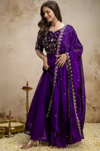  Chinon Embroidery Work Flared Shape Anarkali Dupatta Set