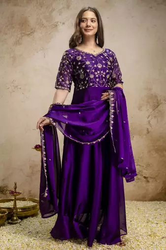  Chinon Embroidery Work Flared Shape Anarkali Dupatta Set
