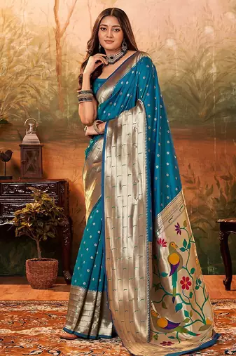 Blue ethnic motifs woven design zari paithani saree