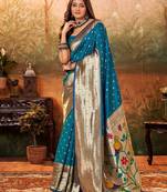 Blue ethnic motifs woven design zari paithani saree