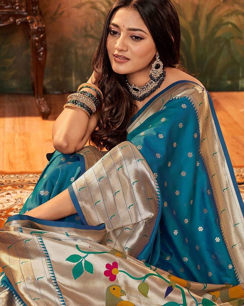 Blue ethnic motifs woven design zari paithani saree