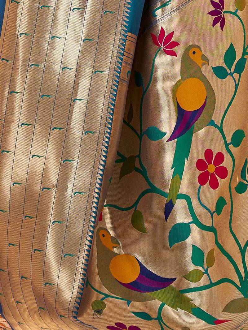 Blue ethnic motifs woven design zari paithani saree