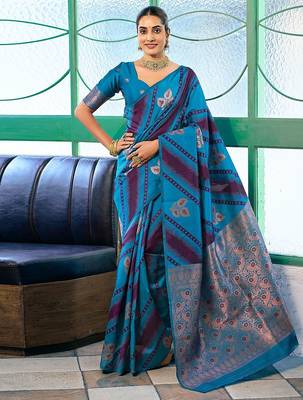 Blue woven design zari banarasi saree 1