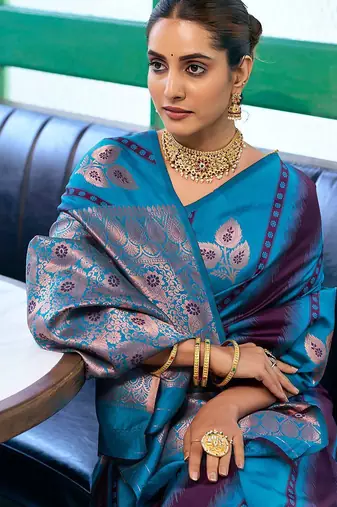 Blue woven design zari banarasi saree