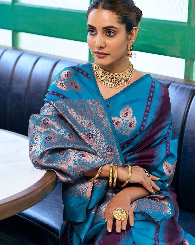 Blue woven design zari banarasi saree