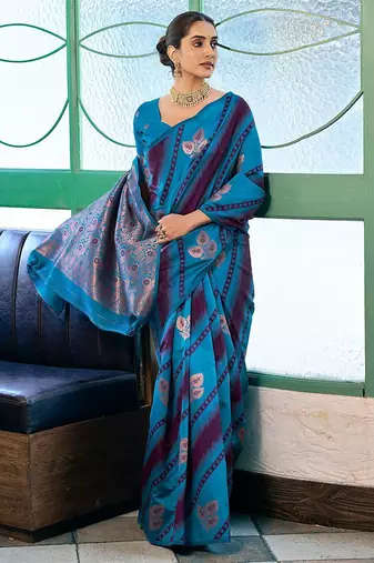 Blue woven design zari banarasi saree