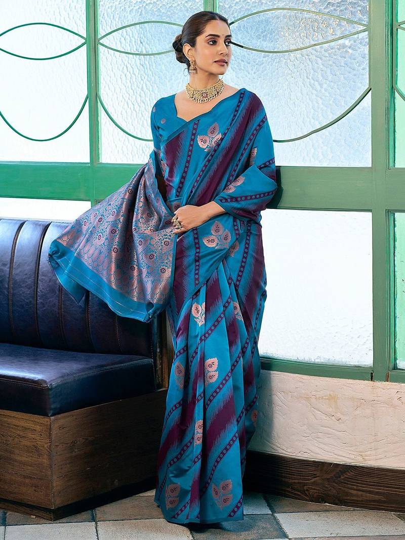 Blue woven design zari banarasi saree