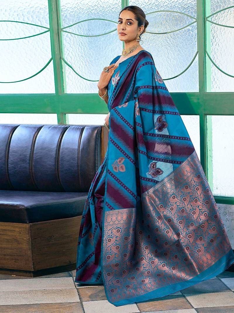 Blue woven design zari banarasi saree