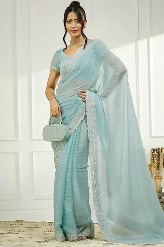 Blue embellished zari  chiffon saree