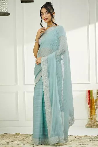 Blue embellished zari  chiffon saree