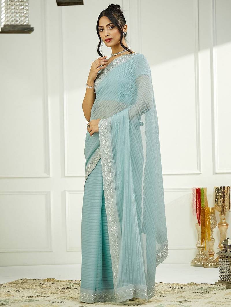 Blue embellished zari  chiffon saree