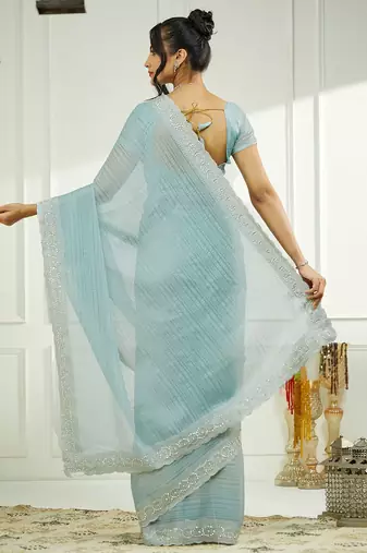 Blue embellished zari  chiffon saree