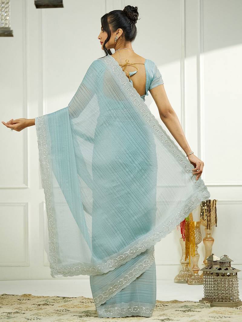 Blue embellished zari  chiffon saree