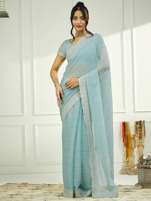 Blue embellished zari  chiffon saree 4