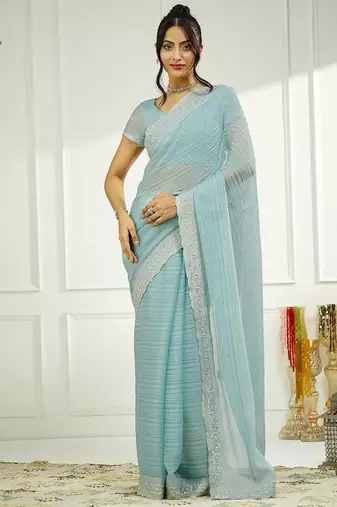 Blue embellished zari  chiffon saree