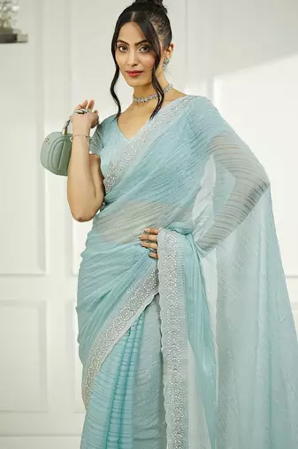 Blue embellished zari  chiffon saree