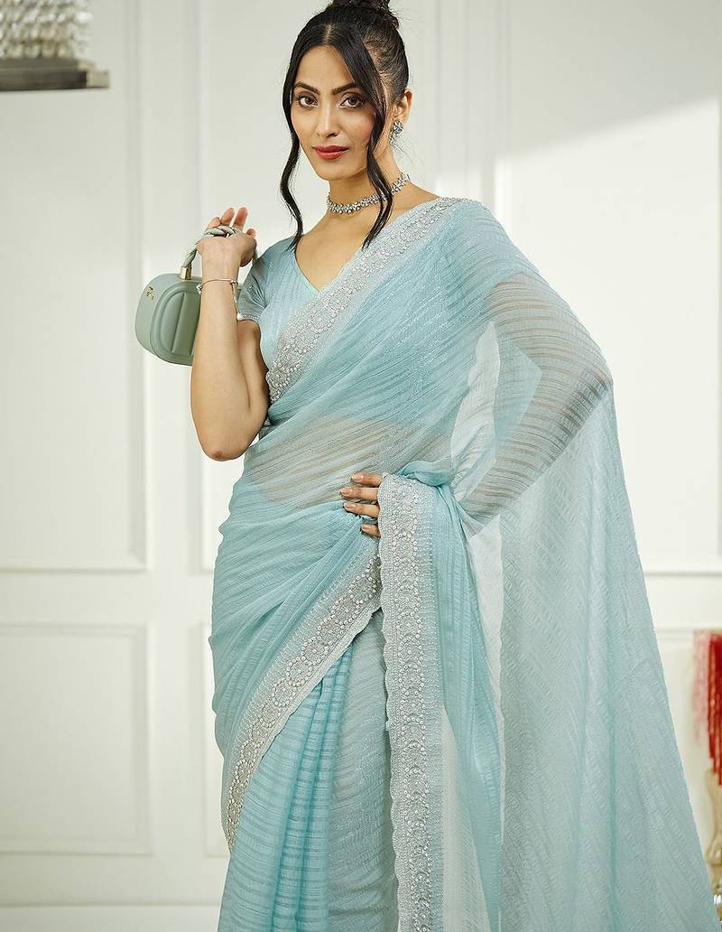 Blue embellished zari  chiffon saree