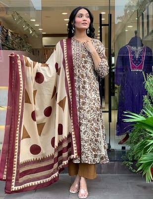 Cotton Printed Work Flared Kurta Pant and Dupatta Set 1