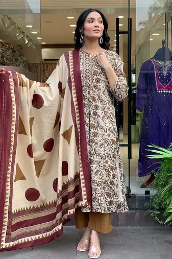 Cotton Printed Work Flared Kurta Pant and Dupatta Set