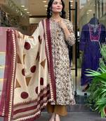 Cotton Printed Work Flared Kurta Pant and Dupatta Set