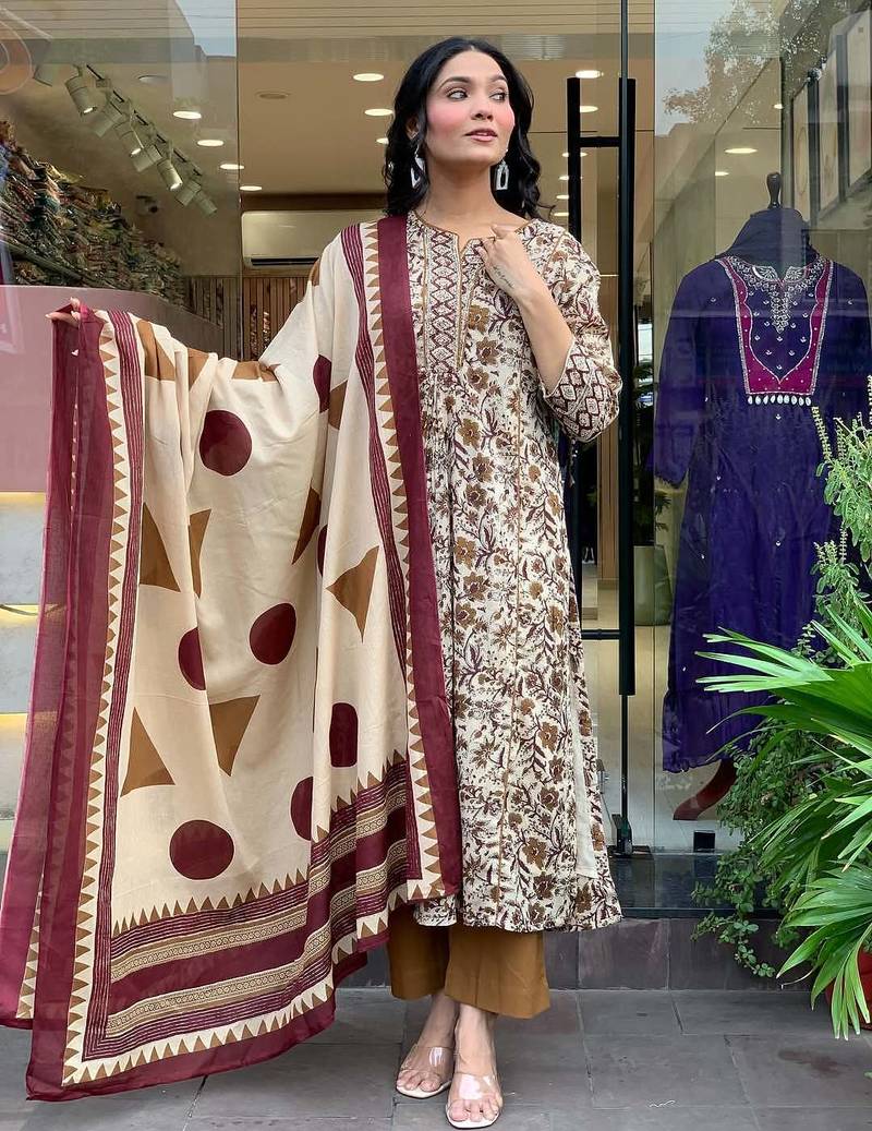 Cotton Printed Work Flared Kurta Pant and Dupatta Set